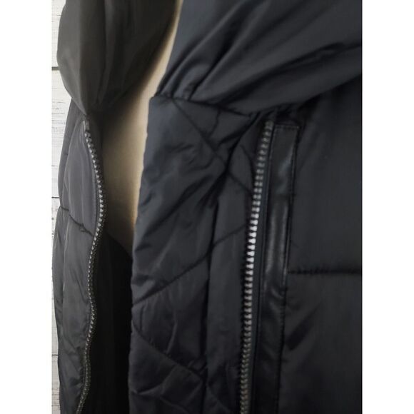 French Connection Jacket XL Black Asymmetrical Zip-Up Hooded Puffer Long NEW - Picture 4 of 8